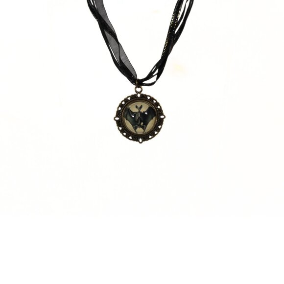 Gothic Victorian "Wings of the Departed" Goth Skeletal Bat Ribbon Necklace - Picture 1 of 5